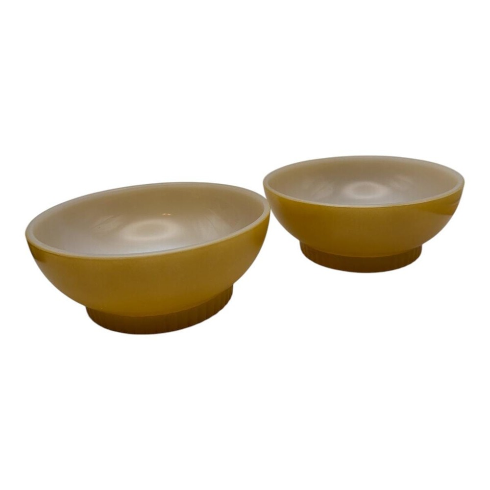 Anchor Hocking Fire King Mustard Yellow Ribbed Footed 4 3/4" D Milk Glass Set 2